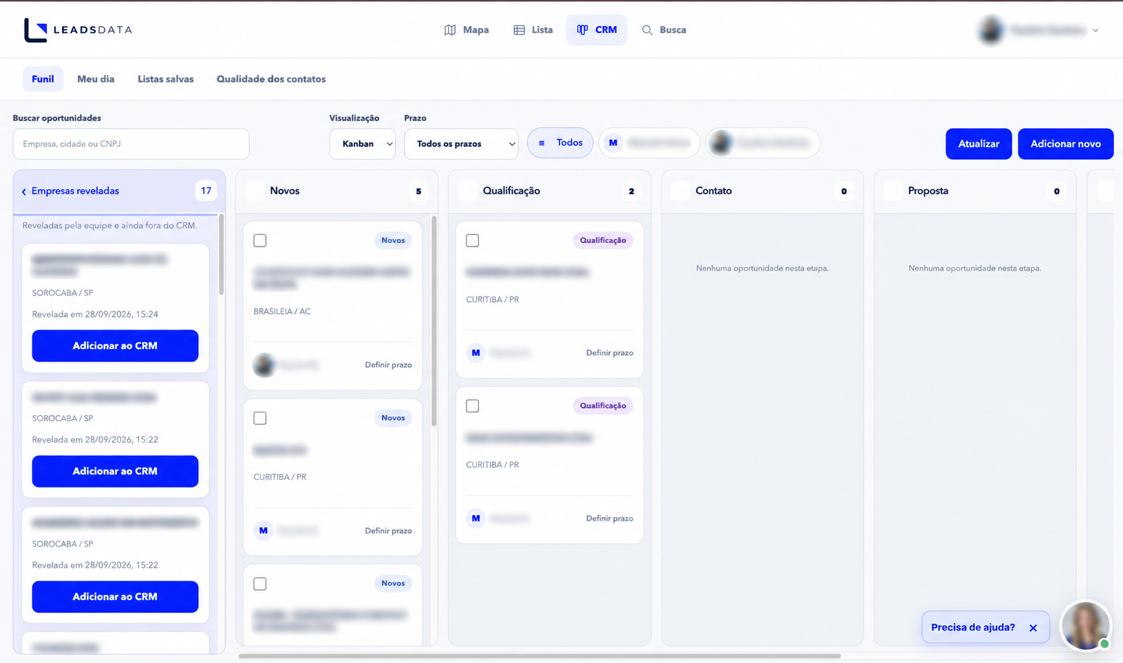 Funil Kanban real do LeadsData com empresas e usuários anonimizados