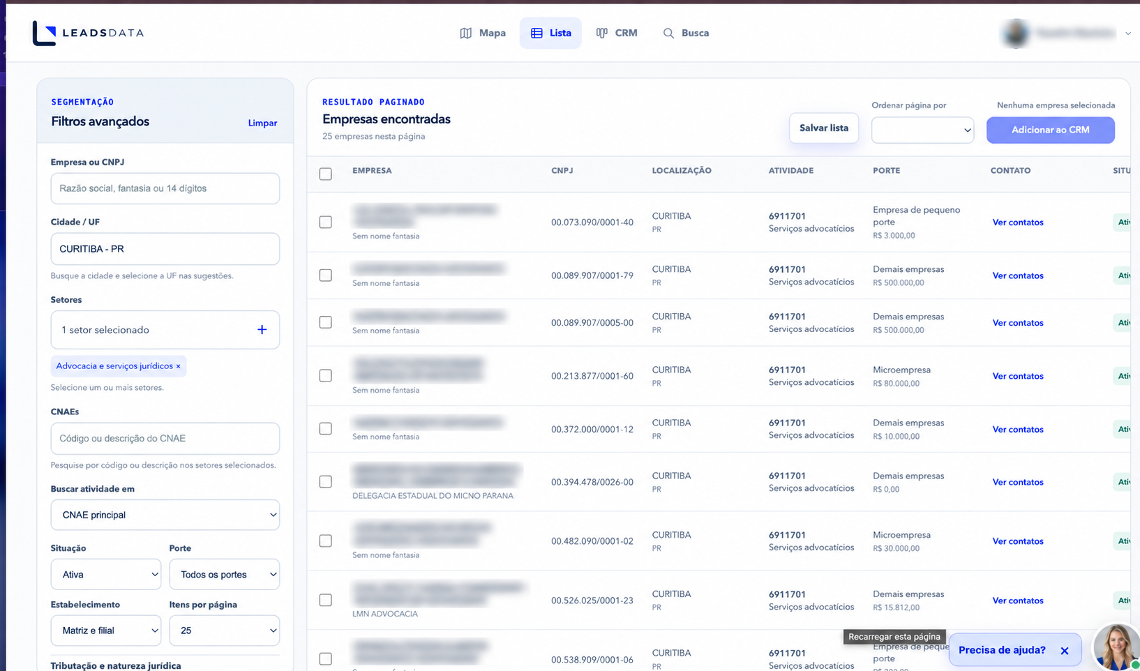 Lista real de empresas no LeadsData com os nomes anonimizados