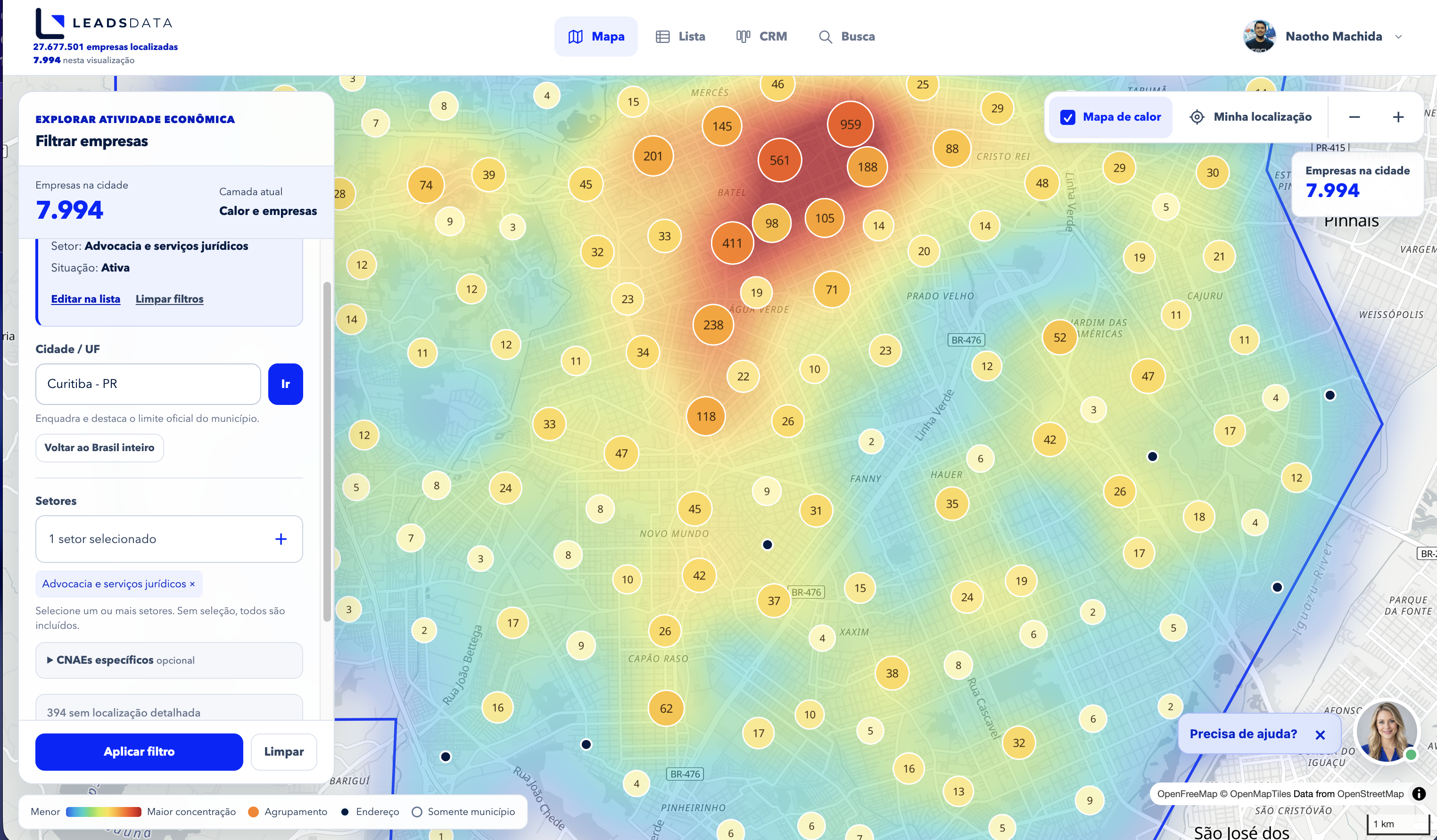 Mapa aproximado do LeadsData mostrando a concentração de empresas em Curitiba